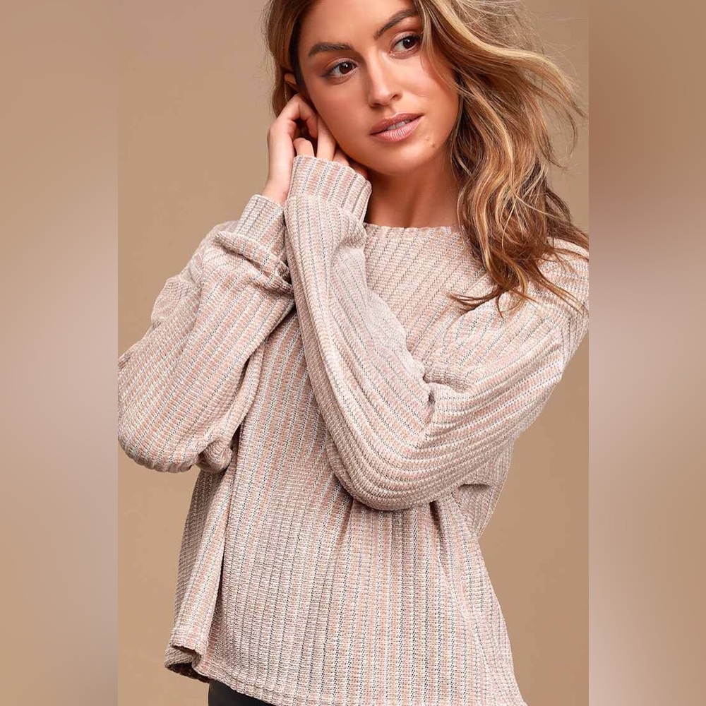 Lulu’s Weekend Ready Taupe Chenille Striped Sweater Top Size Small